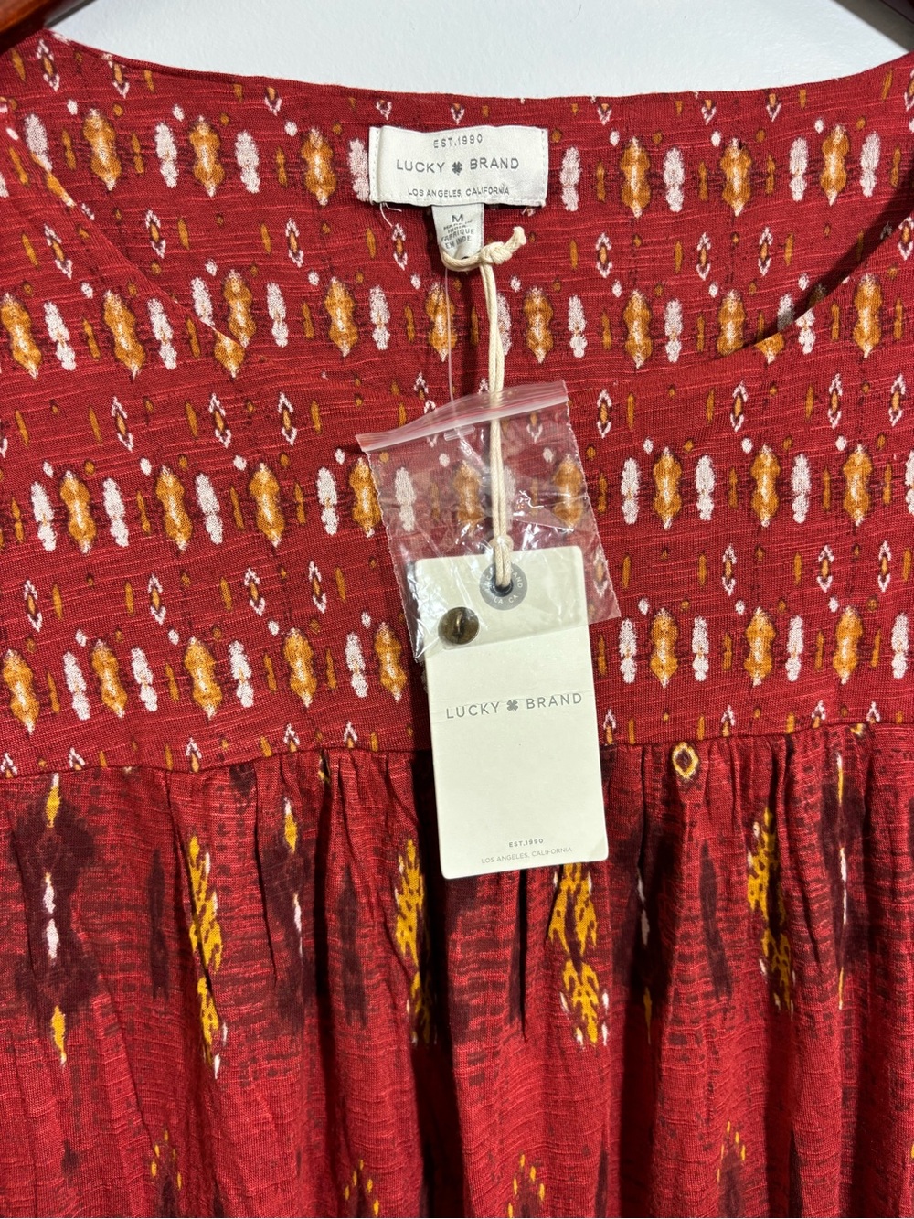 NWT Burnt Orange Top Viscose Lucky Brand Ikat Boho Fall Tunic Flowy M - Picture 3 of 8